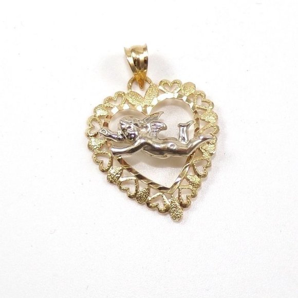 Solid Sand Blast 14K Yellow White Gold Heart Love Cupid Valentine's Day Pendant